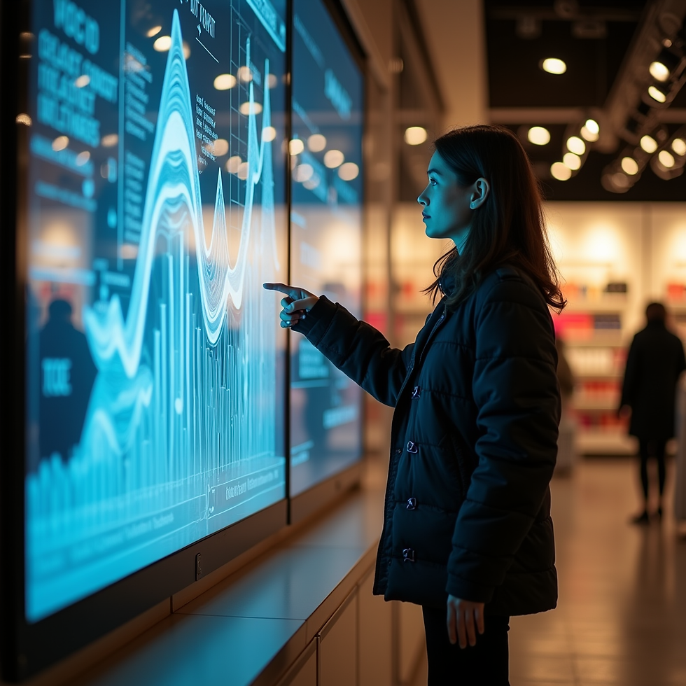 Femme en manteau noir touchant un grand écran bleu de graphiques dans une galerie moderne, ambiance futuriste.