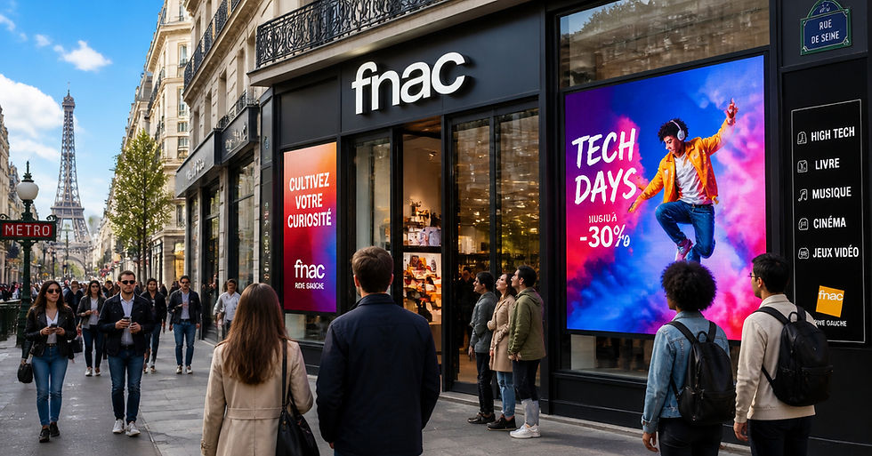 Illustration d’une vitrine de commerce avec des écrans diffusant des offres promotionnelles.