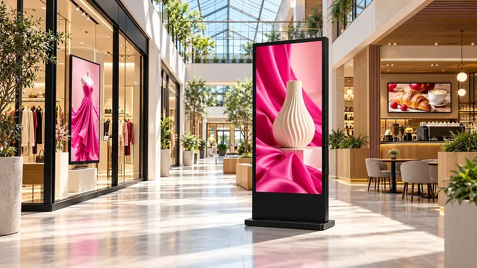 Scène illustrative générée par IA : écrans d’affichage dynamique dans une galerie commerciale lumineuse.