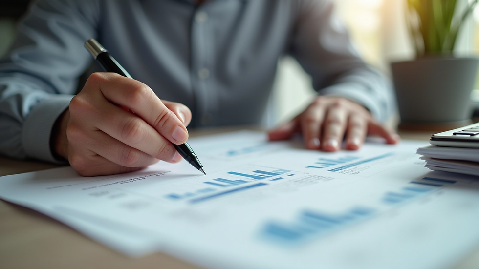 Close-up view of a homeowner reviewing financial documents at a desk