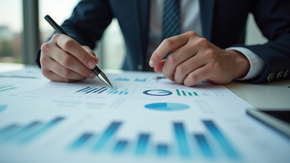 Close-up view of a person reviewing financial charts and notes
