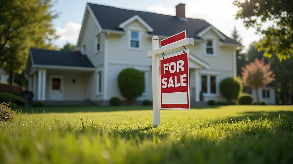 Eye-level view of a home with a "For Sale" sign in front
