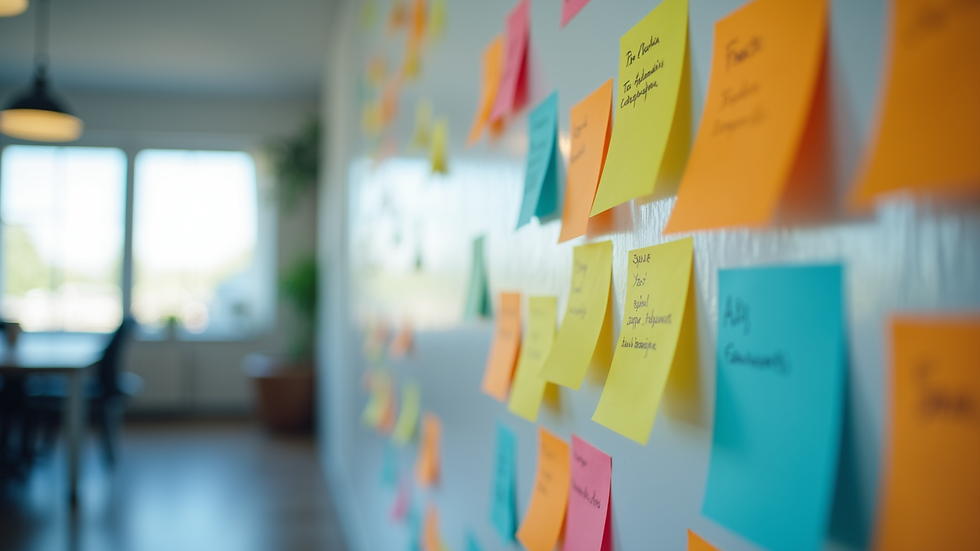 Eye-level view of a project management board filled with colorful sticky notes
