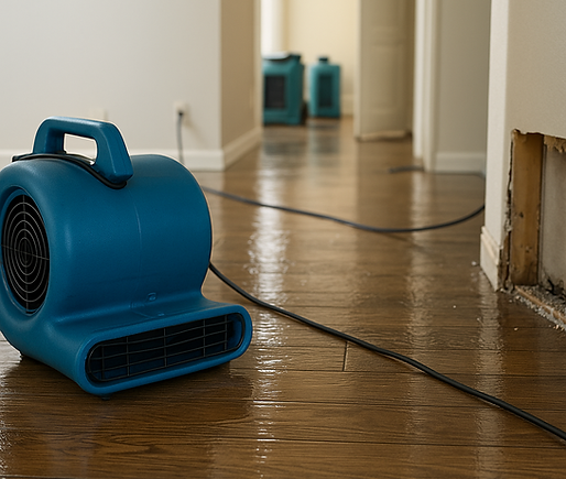 Technician extracting water from carpet in a flooded home