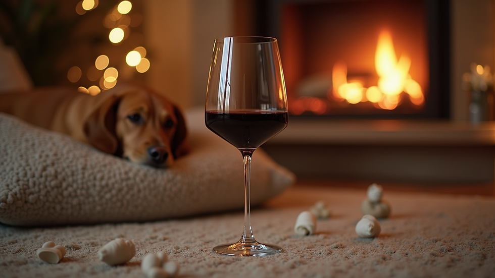 Eye-level view of a cozy wine night setup with a glass of red wine and a dog bed nearby