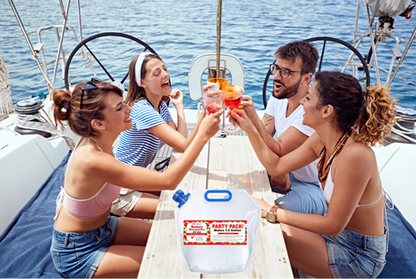 Young group of boaters toasting Sipperz Big Kahuna