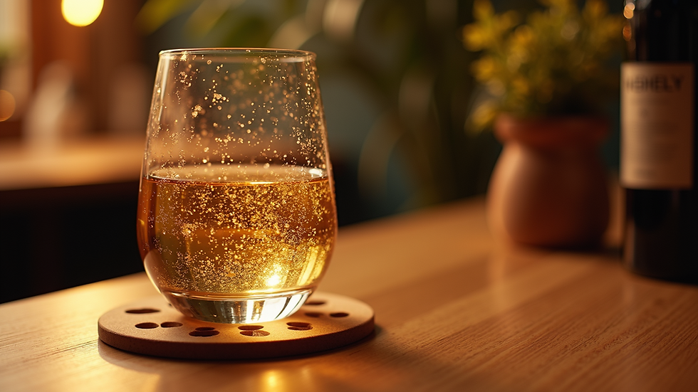 Close-up of a sparkling wine glass with a paw-print coaster underneath