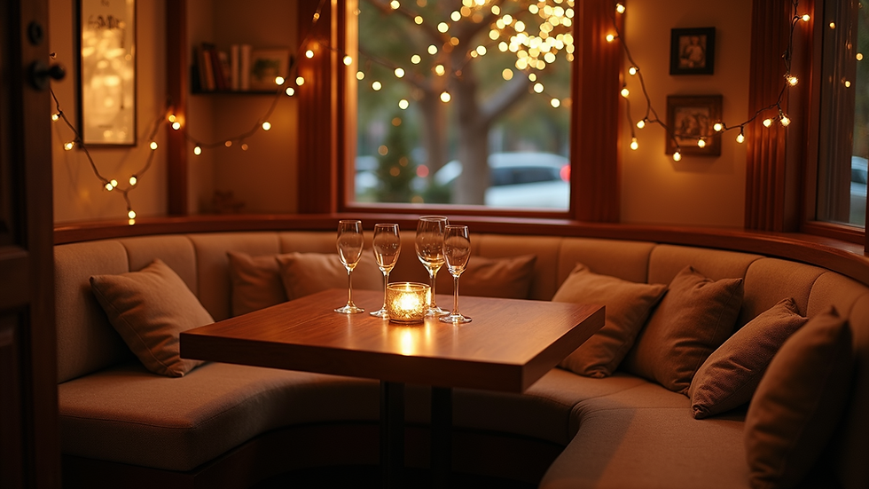 Eye-level view of a cozy wine nook with plush cushions and twinkly lights