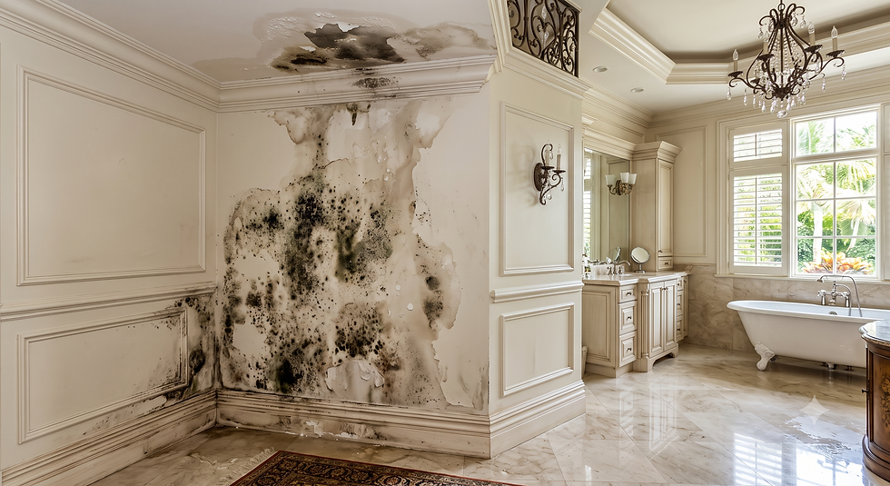 Luxury bathroom with severe black mold and water damage on wall and ceiling, chandeliers, tub, and bright windowed marble interior.