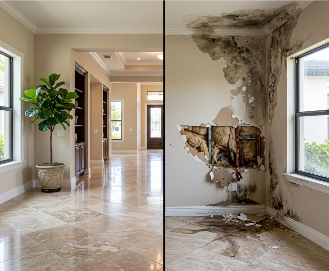 Split view of a bright tiled foyer: left clean with potted plant, right wall and ceiling badly water-damaged and moldy.