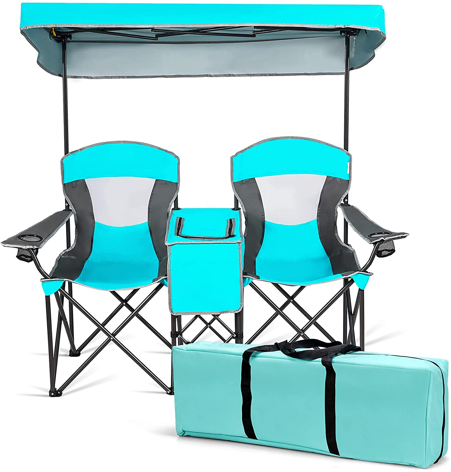 Double Camping Chair with Canopy Shade, Folding Loveseat Camping Chairs with Min