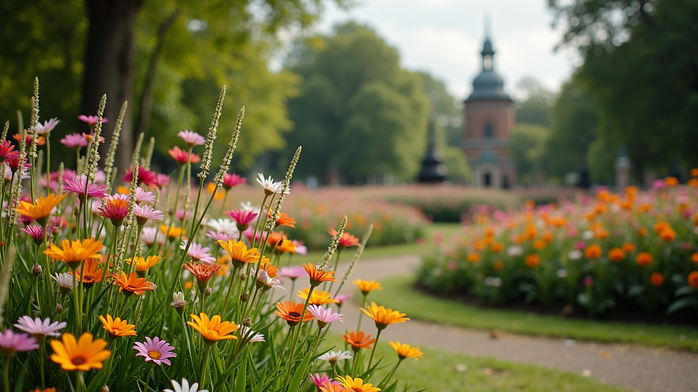 Wide angle view of a stunning flower garden in Hyde Park