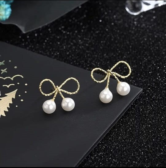 Thumbnail: Korean Best Quality Anti Tarnish Bow Pearl Drops Earrings For Women and Girls