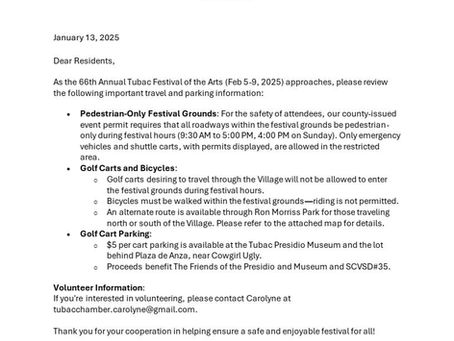 Tubac Festival of the Arts Feb 5-9 2025: Road Closure Map