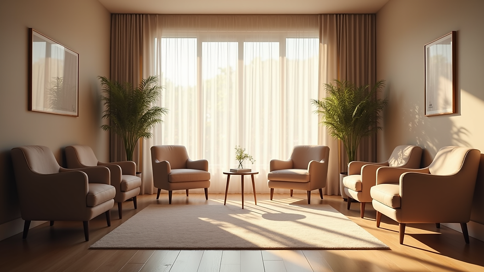 Eye-level view of a quiet therapy room with soft lighting and comfortable seating