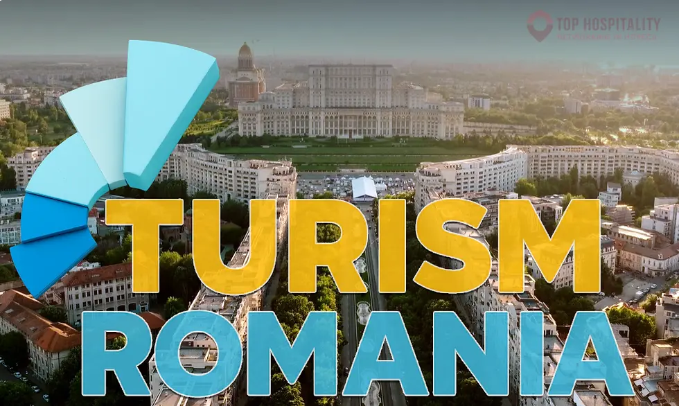 Palatul Parlamentului din București, vedere aeriană, text TURISM ROMANIA în galben-albastru, grafic albastru pe fundal, zi senină.