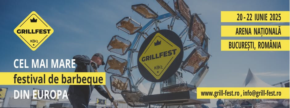 Imagine cu un afiș pentru Grillfest BBQ 2025. Fundal albastru, grătare rotative, text galben: "Cel mai mare festival de barbeque din Europa".