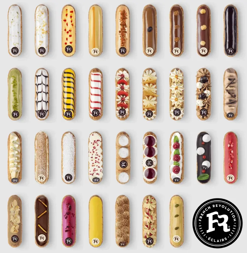Eclere colorate în 6 rânduri pe fundal alb, fiecare cu model distinctiv. Logo rotund "French Revolution Éclairs" în dreapta jos.