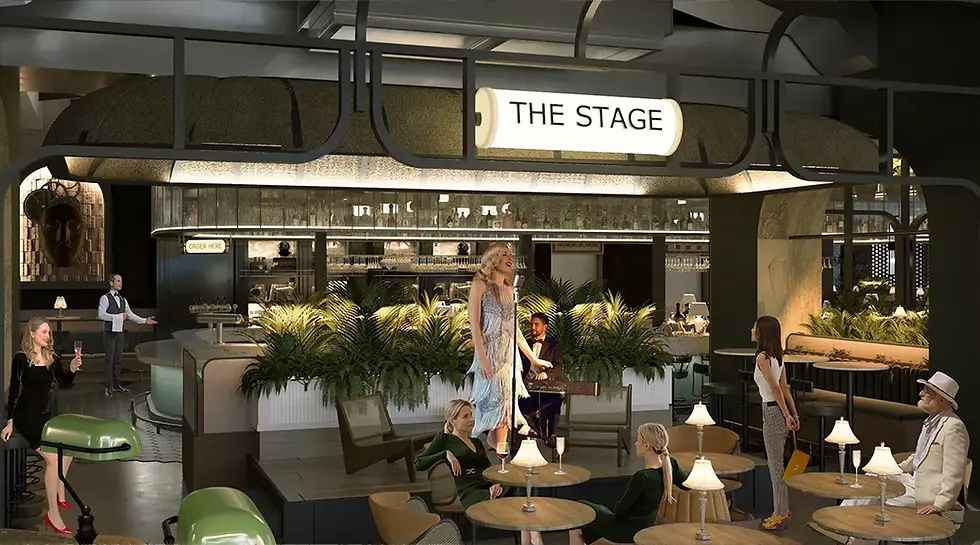 Cântăreață pe scenă într-un lounge elegant, decorat cu plante. Oameni relaxați savurează băuturi. Semn "THE STAGE" deasupra. Atmosferă sofisticată.