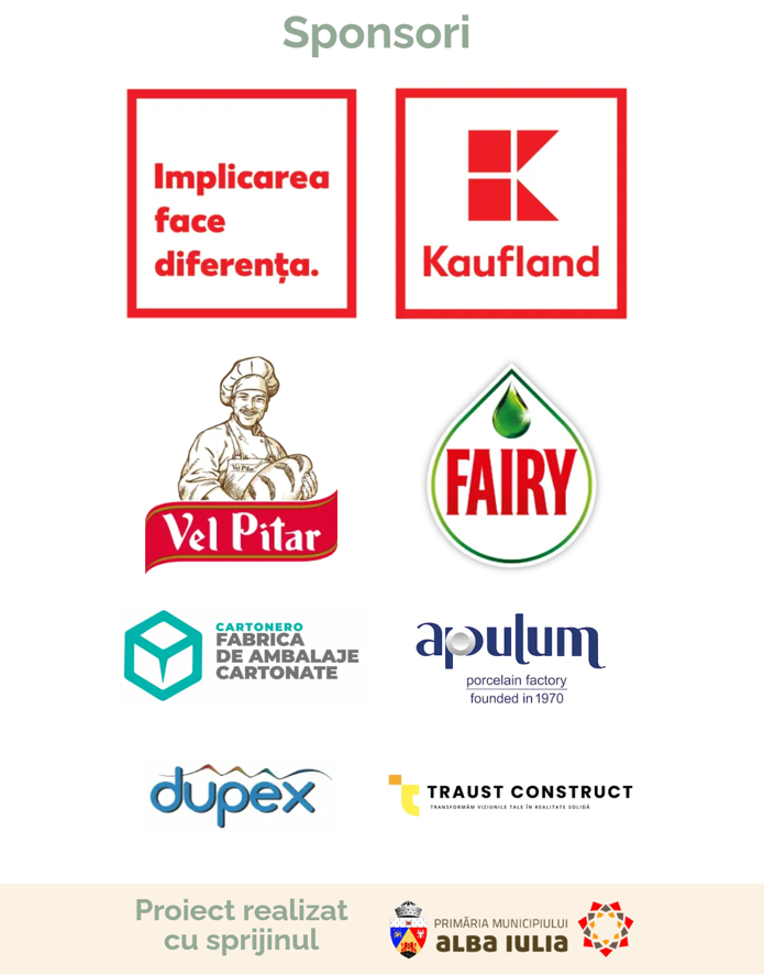 Logo-uri și texte ale sponsorilor: Kaufland, Vel Pitar, Fairy, și altele, pe fundal alb, cu text verde și roșu. Include blazonul Alba Iulia.