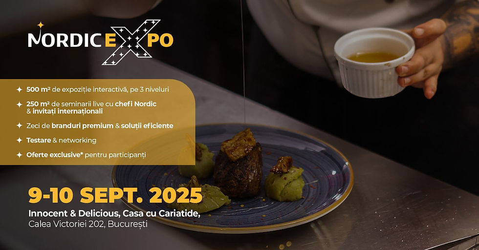 Imagine promoționale pentru "Nordic Expo" 2025, cu detalii despre seminar, chefi și networking. Un bucătar toarnă sos lângă un fel de mâncare.
