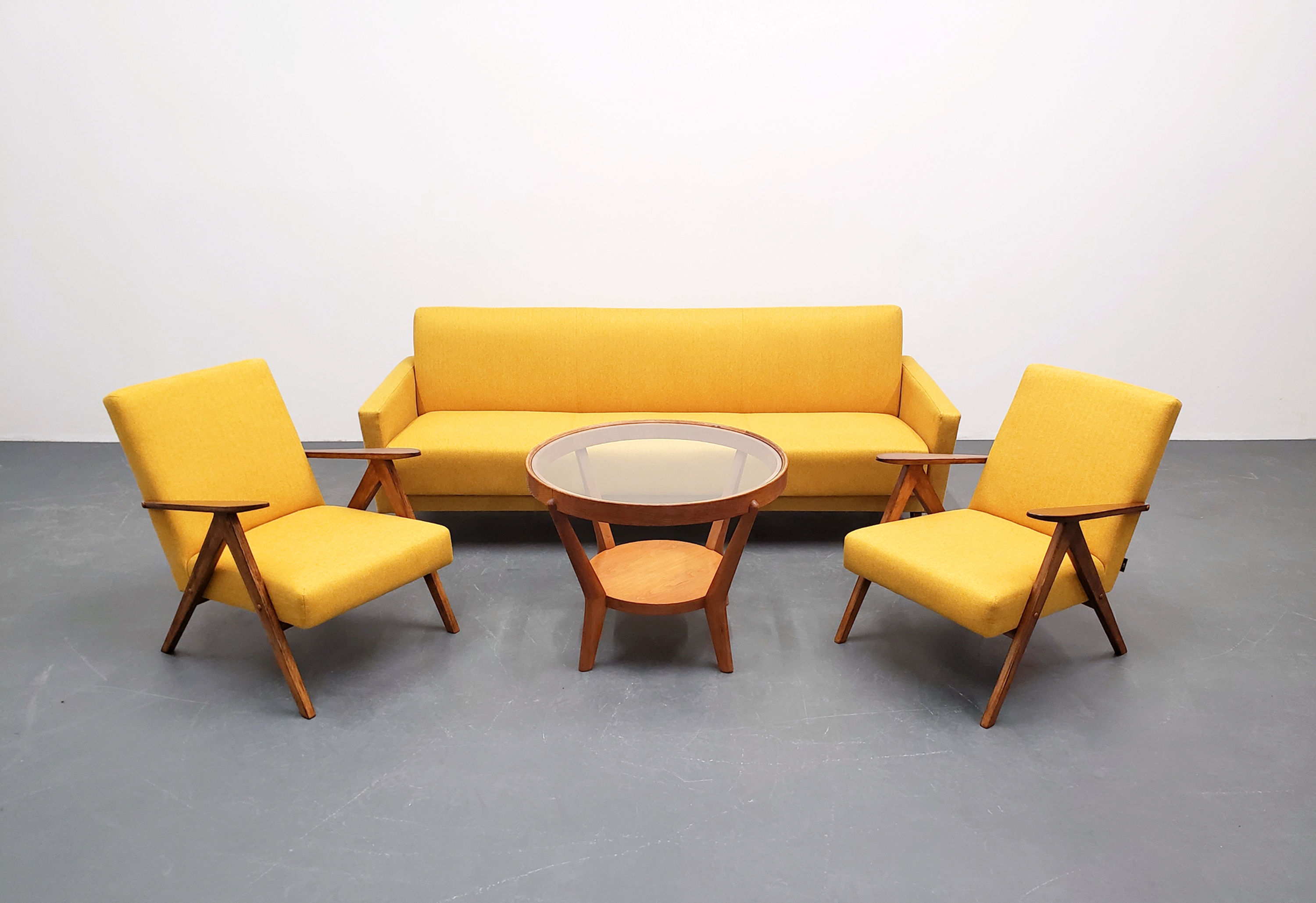 Mid Century Living Room Set in Yellow Tweed