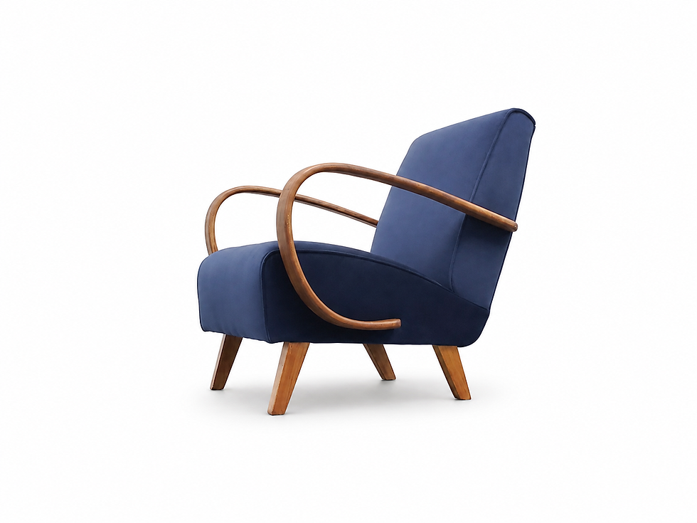 1930 Jindrich Halabala Bentwood Armchair in Navy Blue Velvet