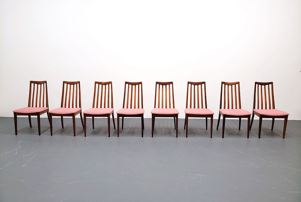 Thumbnail: Set of Eight - Mid Century Teak Dining Chairs in Pink