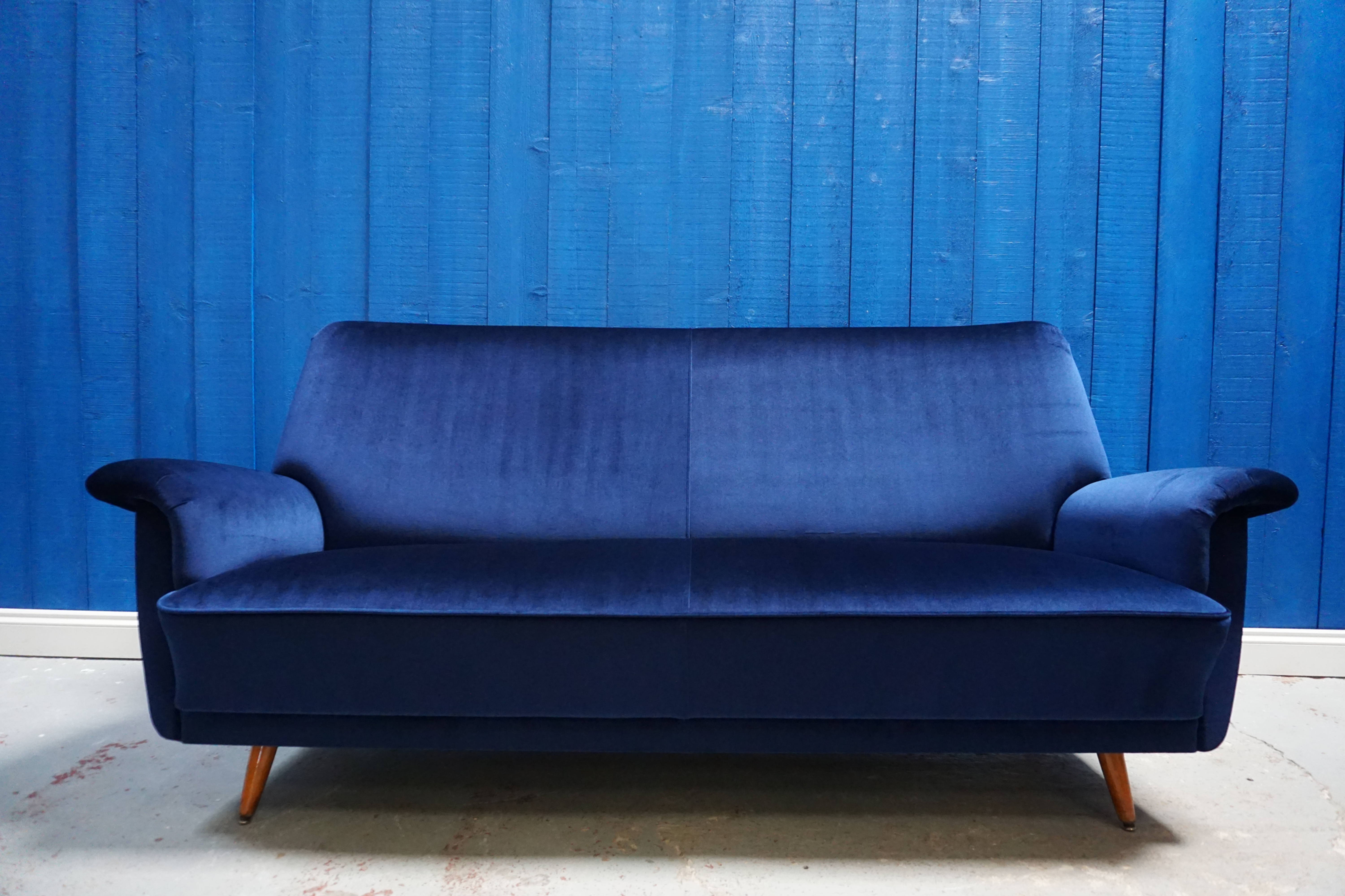 Mid Century Danish Sofa in Luxury Navy Blue Velvet, 1950's