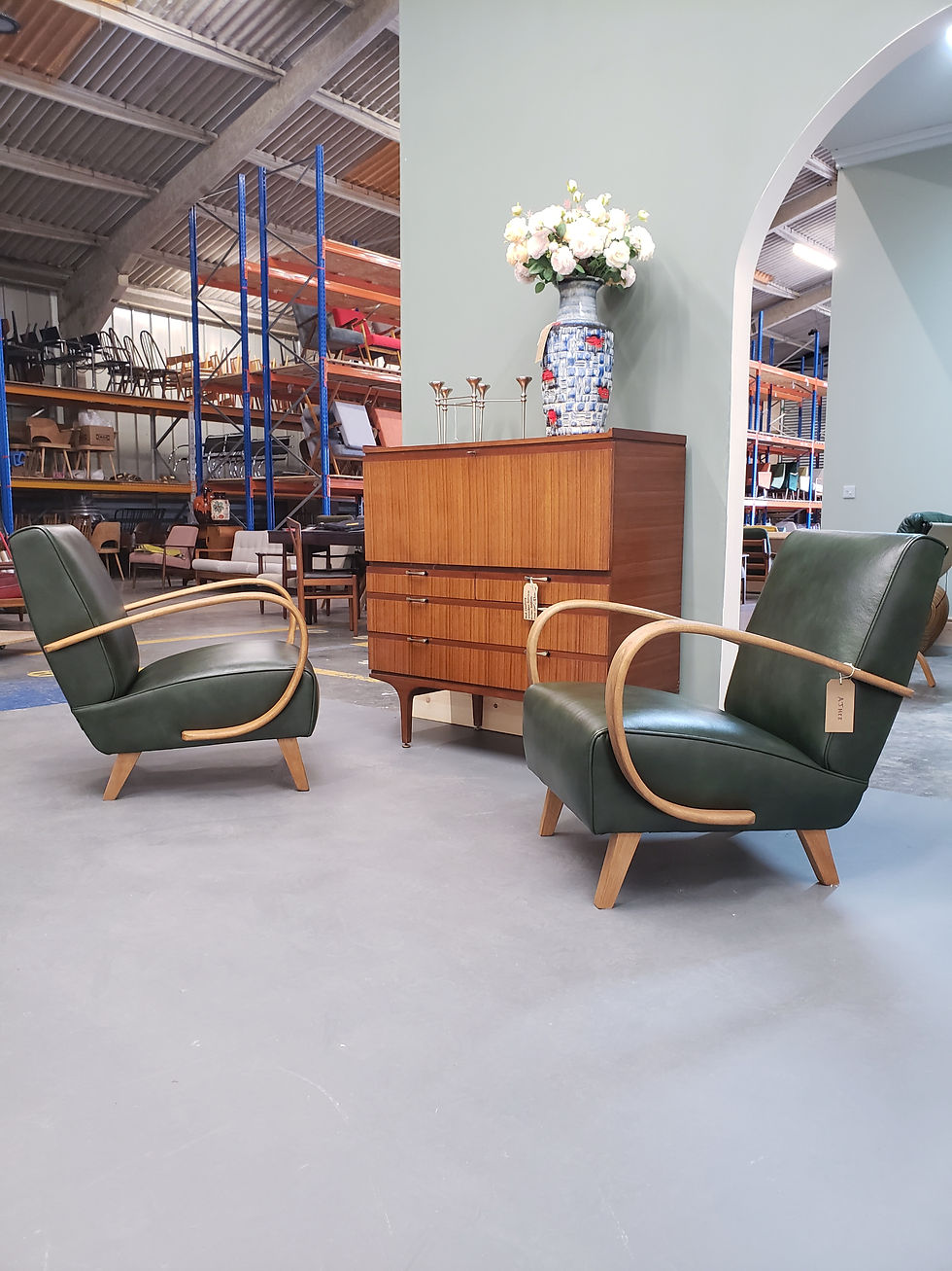 Thumbnail: 1930 Jindrich Halabala Bentwood Armchair in Premium Green Leather
