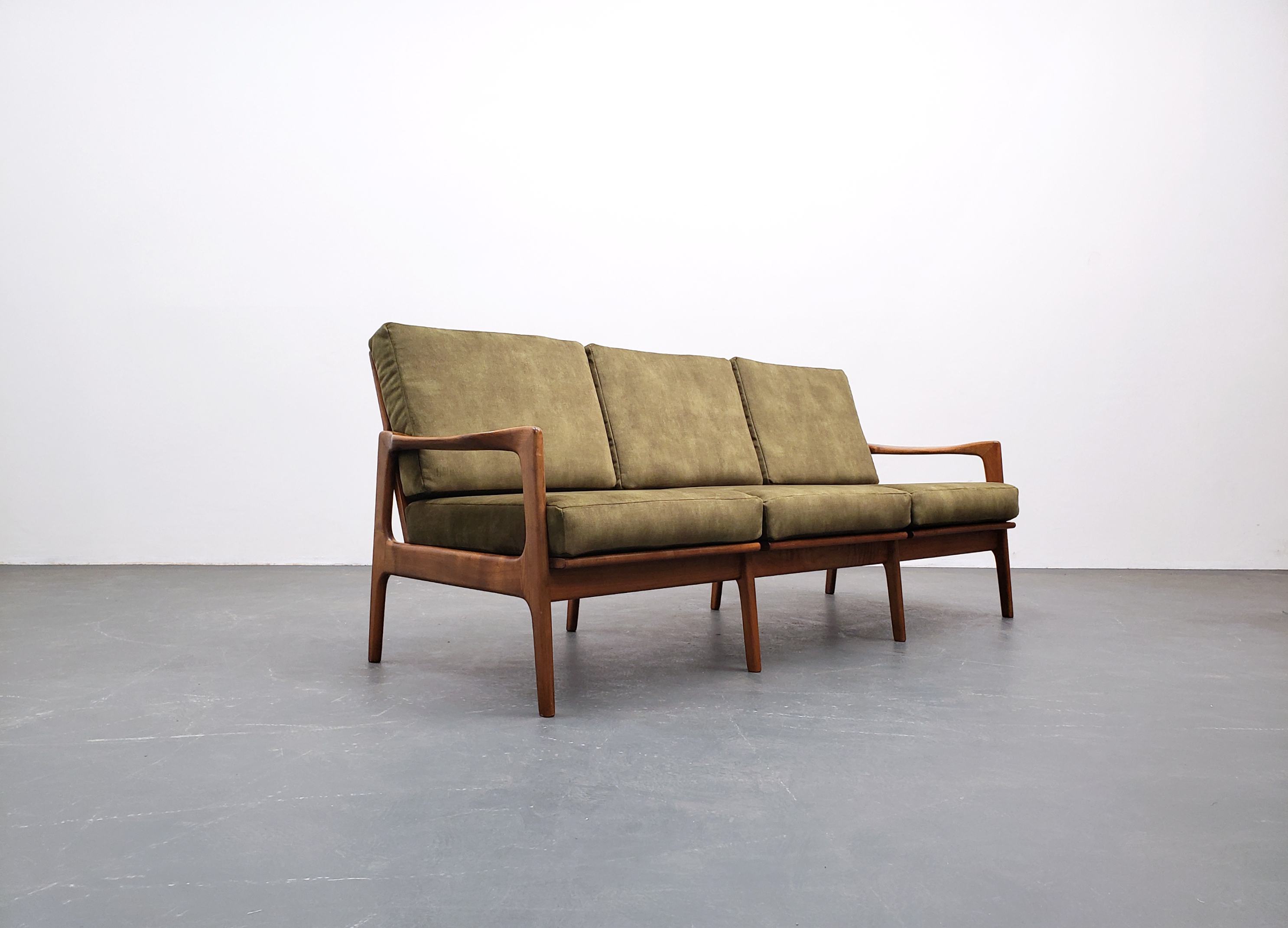 1960 Mid Century Cherry Wood Danish Sofa in Forest Green Velvet