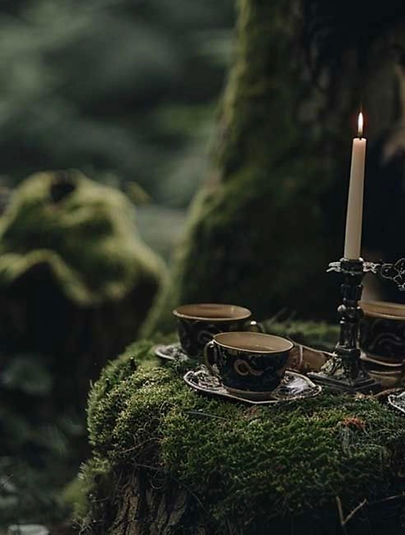 Mossy table with teacups and candlelight