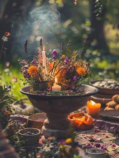 A table setting in the forest with autumn flowers and candles