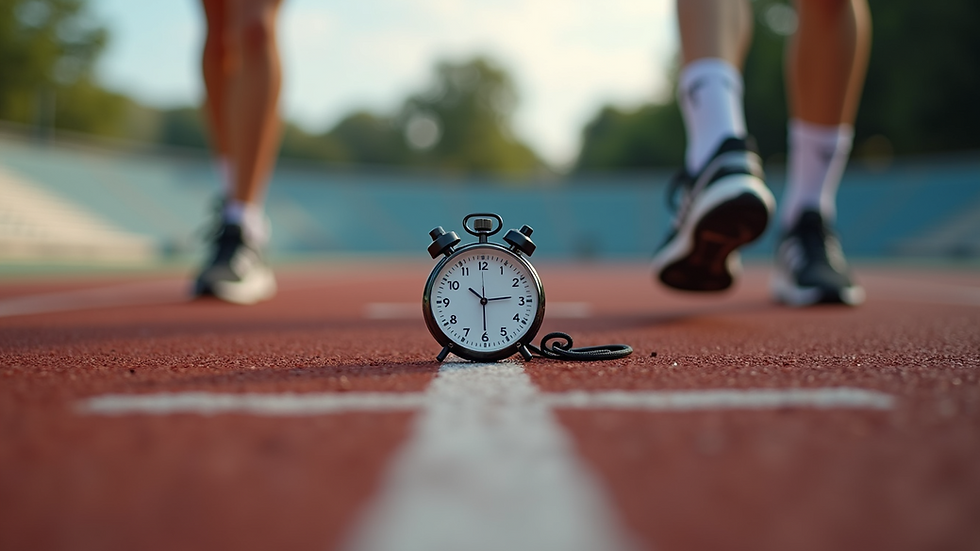 High angle view of a stopwatch and running shoes on a track