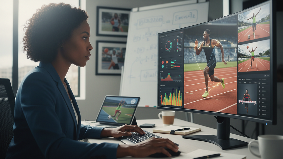 Close-up view of a sports scientist analyzing athlete performance data on a computer