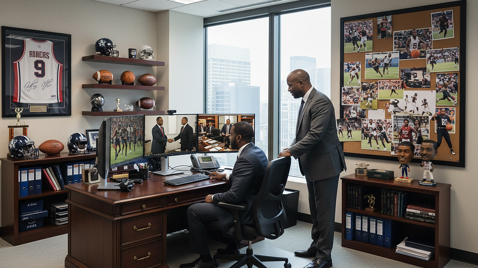 Eye-level view of a sports office with a computer and sports memorabilia