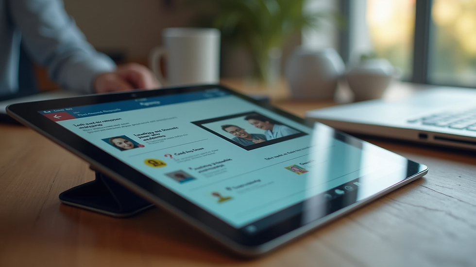 Close-up view of a tablet showing an interactive e-learning module with quizzes and videos