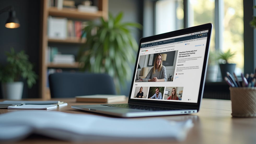 Eye-level view of a modern office with a laptop displaying an online course