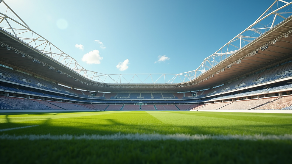 Close-up view of a sustainable sports stadium with solar panels on the roof