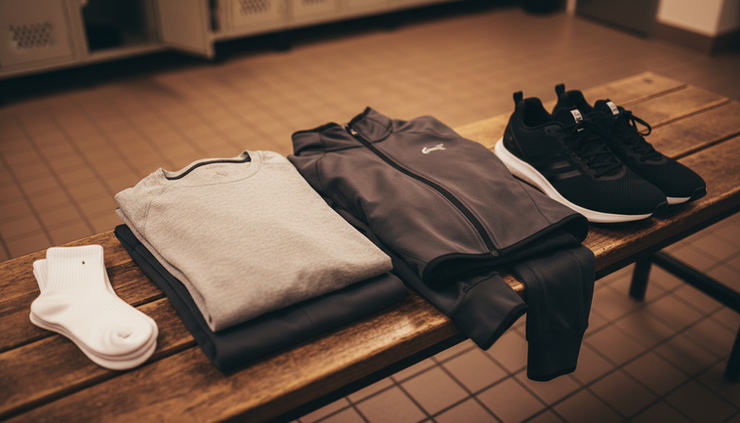 Eye-level view of a neatly arranged set of neutral sports apparel on a bench