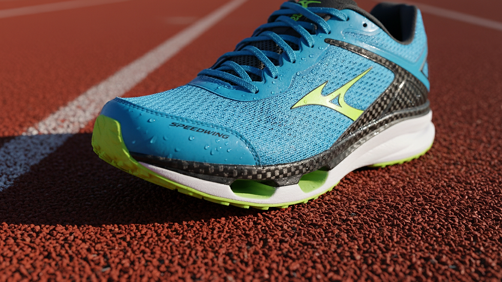 Close-up view of a high-performance running shoe on a track