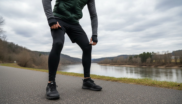 Low-angle view of a runner adjusting sleek technical leggings before a workout