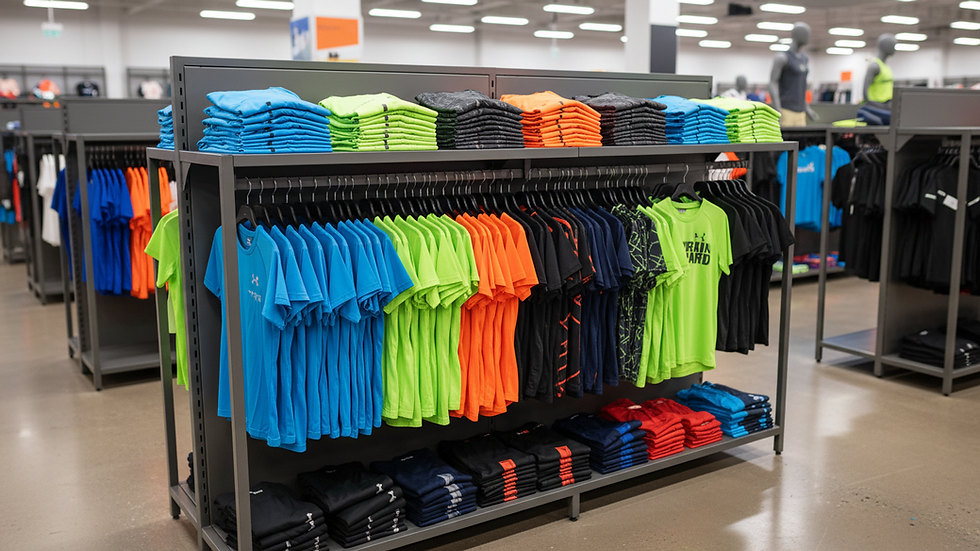 Eye-level view of a sports apparel display rack with various performance shirts