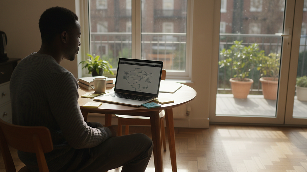 Wide-angle view of a learner watching a cloud computing lesson on a laptop near a window.