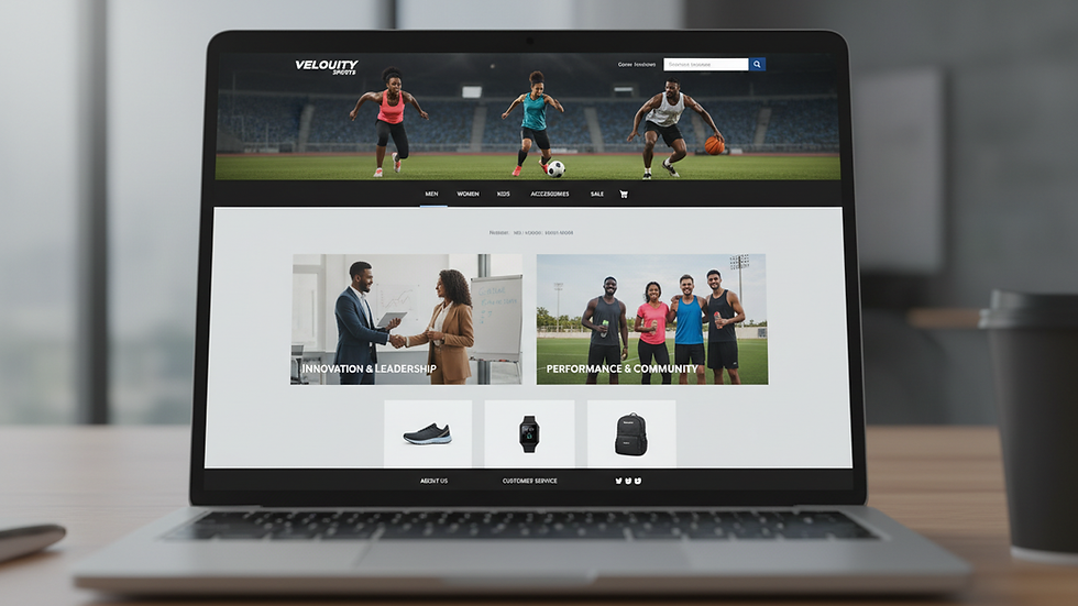 Eye-level view of a laptop screen showing a sports gear online store homepage