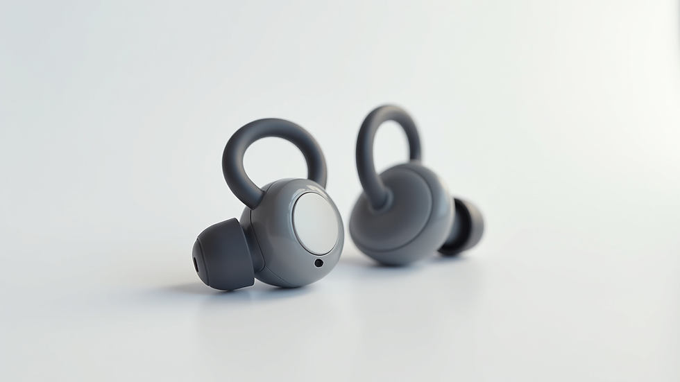 Close-up view of wireless earbuds with ear hooks on a white background