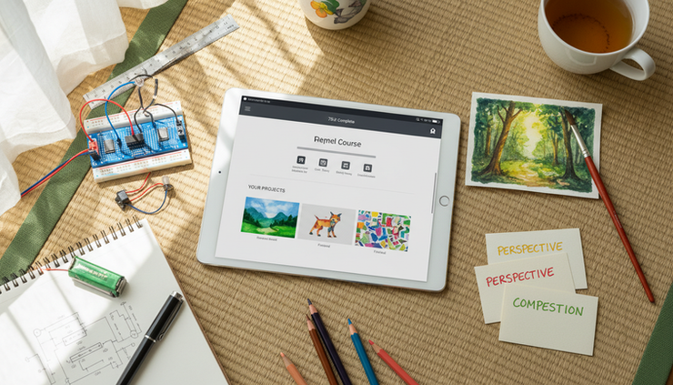Overhead view of a tablet showing course progress beside finished creative projects