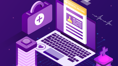 Ilustração isométrica em tons de roxo e néon sobre gestão de dados de saúde. Ao centro, um computador portátil aberto exibe uma ficha médica digital flutuante com o título "Medical Record". À sua volta estão uma mala de primeiros socorros, um servidor cilíndrico iluminado e pequenos dispositivos eletrónicos com símbolos médicos.