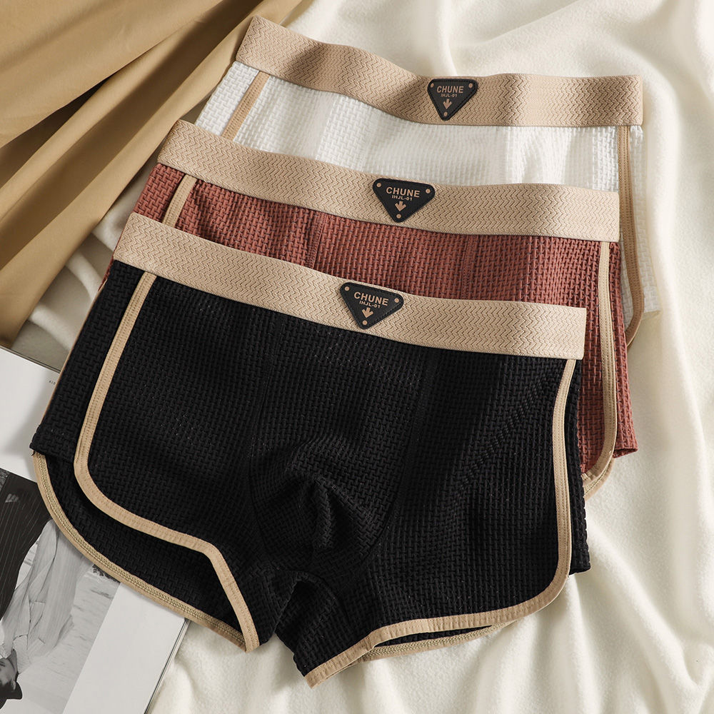 3PCS/Pack Fashion Ice Silk Knitted Plaid Boxers Breathable Comfort Mesh Crotch U