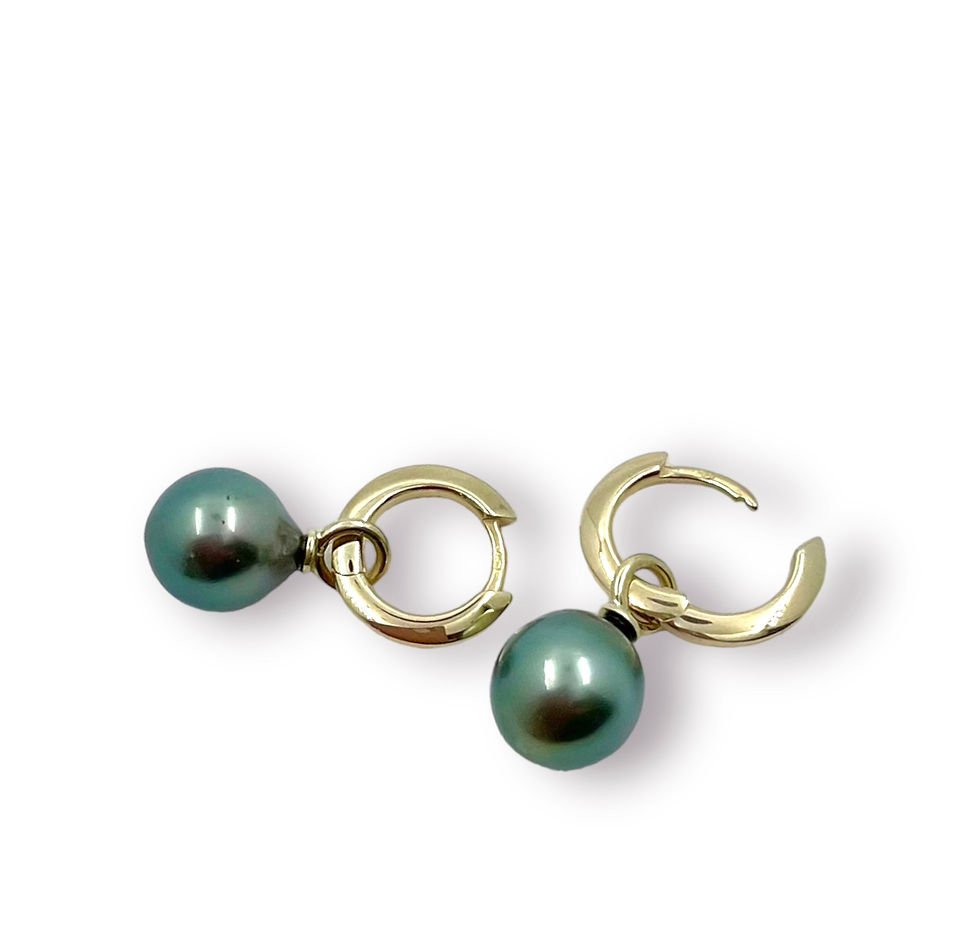 Miniaturbild: Unikat Klapp-Creolen mit Einhänger "Tahiti-Perlen" Tropfen in 585er Gelbgold